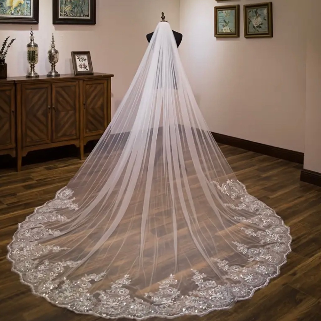 Elegant White Bridal Veil With Lace Trim